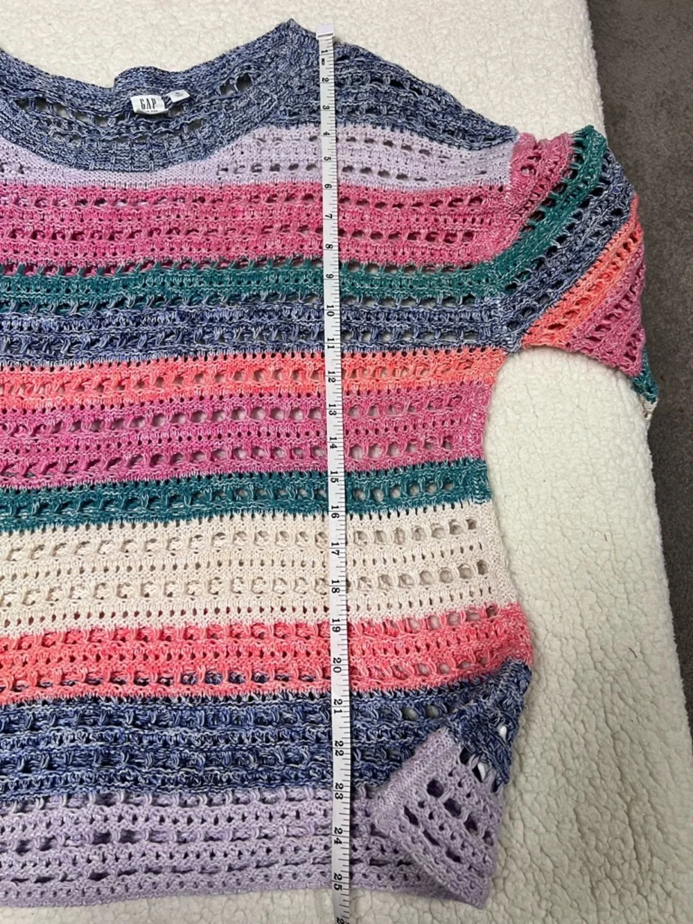 GAP Wide Sleeve Crochet 100% cotton Crew Sweater in Pink Multi XL
